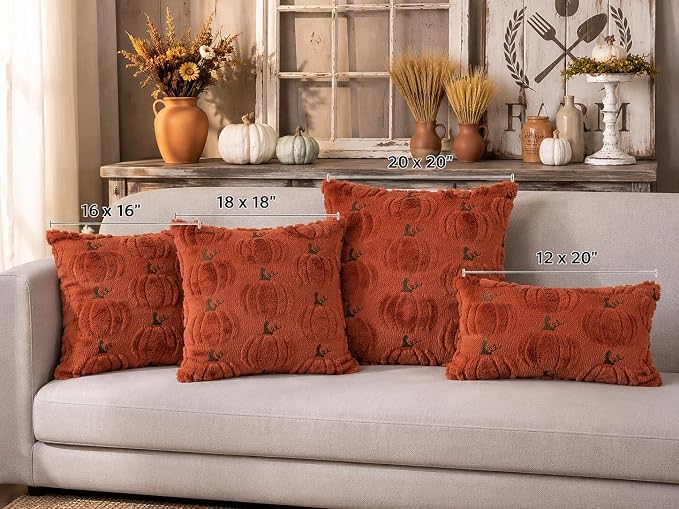 Fall Pumpkin Decorative Pillow Covers 18x18 Set of 2, Dark Rust Red Soft Plush Faux Fur Wool Farmhouse Throw Cushion Cases for Autumn Thanksgiving Holiday Home Decorations