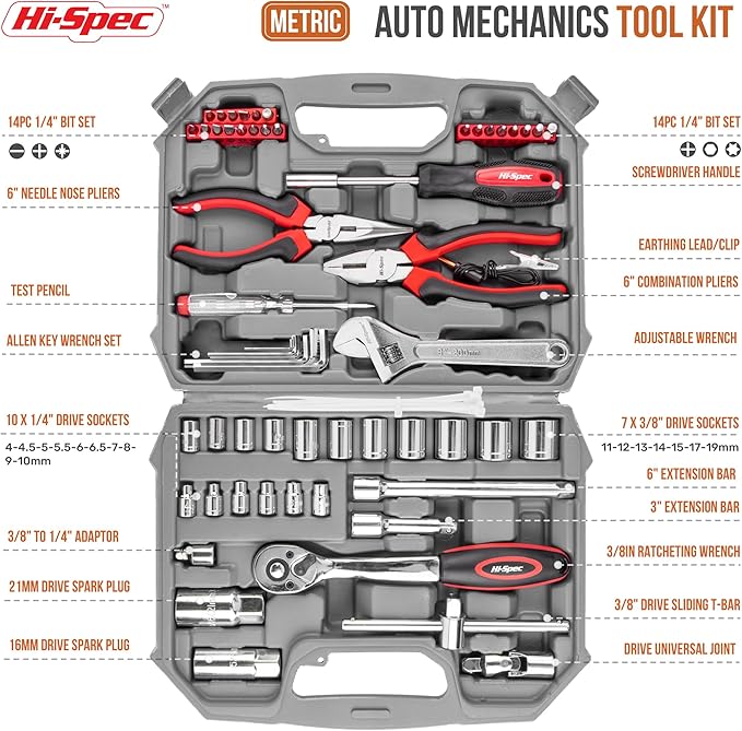 Hi-Spec 67Pc Metric Auto Mechanic Tool Set, Motorcycle & Car Tool Kit, Auto Repair with Pliers, Screwdriver Set, Socket Kit & Tool Box Storage Case for Cars, Trucks, Boats RVs & Jeeps