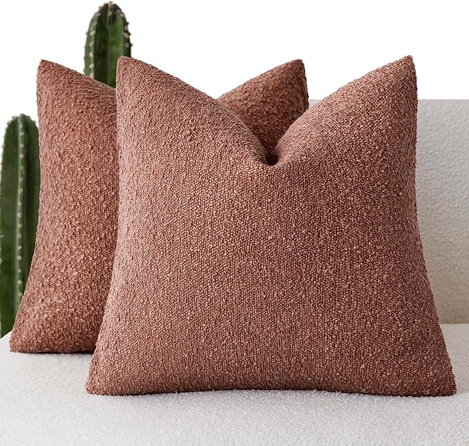Foindtower Set of 2, Decorative Textured Boucle Throw Pillow Covers Accent Solid Pillow Cases Neutral Cozy Couch Cushion Case for Chair Sofa Bedroom Living Room Home Decor 26x26 Inch Orange Rust Red