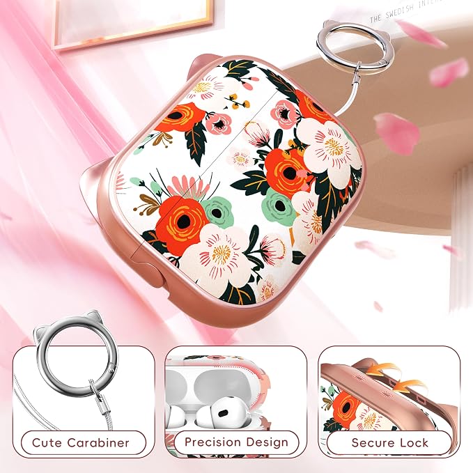 for AirPods Pro 2 Case with Cleaning Kit, Cute Cat Ear Print Design & Cute Buckle for Girls, Phone Holder & Top Safe Lock Buckle Design for AirPods Pro 2nd/1st Gen case, Rose Gold Flower
