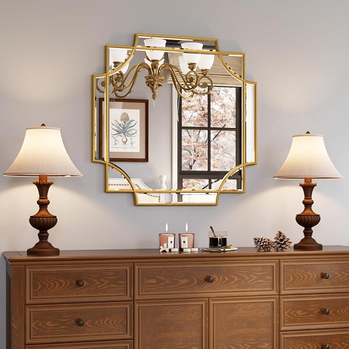 Kelly Miller 26"x26" Gold Foil Scalloped Edge Decorative Vanity Wall Mirror | Hand-Applied Gold Foil Finish. HD Mirror With French Cleat. Elegant Beveled Wall Mirror Decor For Bathroom Bedroom Entryway.