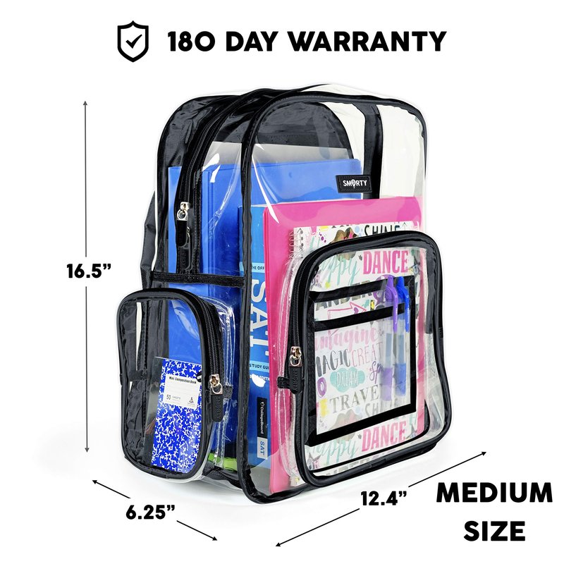 SMARTY Heavy Duty Clear Backpack V6 Durable Transparent See Through Bag (Medium, Black)