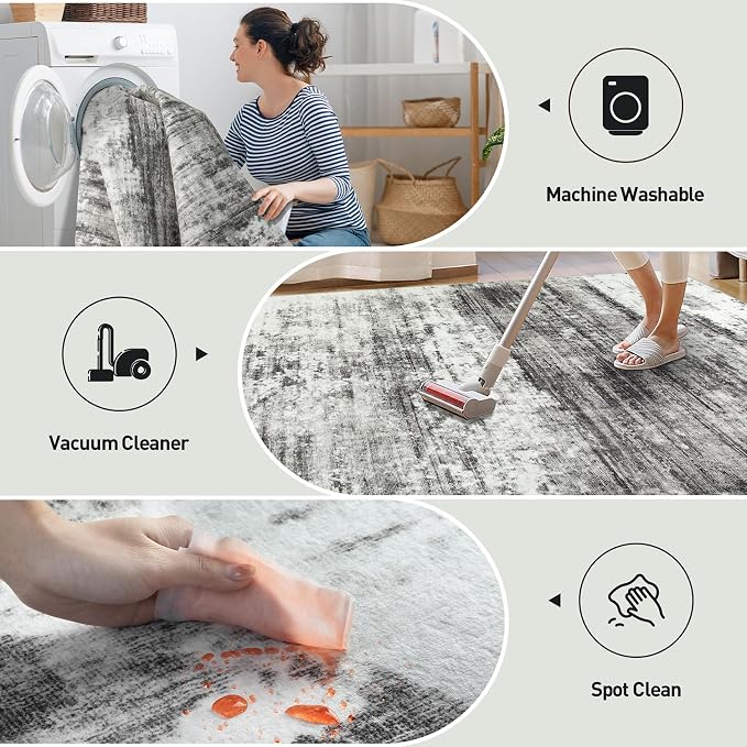 10x14 Area Rugs Washable Rug: Modern Abstract Living Room Rug Soft Anti-Skid Thin Carpet Indoor Floor Non-Shedding Carpets for Bedroom Dining Room Farmhouse Nursery Home Office Black Grey