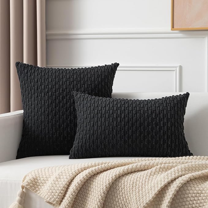Kevin Textile Soft Corduroy 14"x20" Lumbar Pillow Cover 1 Pack, Black | Boho Stripe Plush Corduroy Decorative Oblong Cushion Cover Modern Farmhouse Home Decor for Sofa Couch Bed Chair