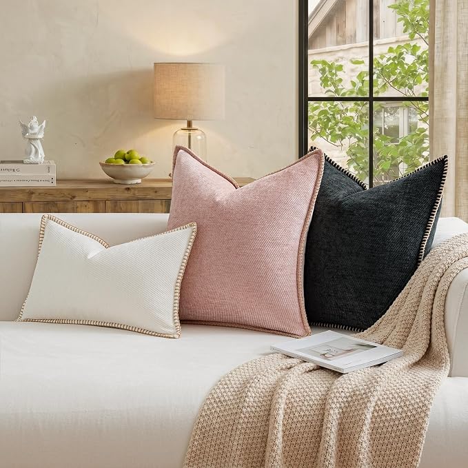 a moment Pack of 2 Decorative Chenille Throw Pillow Covers with Twill Cushion Covers for Sofa Living Room Couch Bed 22x22 Inch,Crafted Border Blush Pink