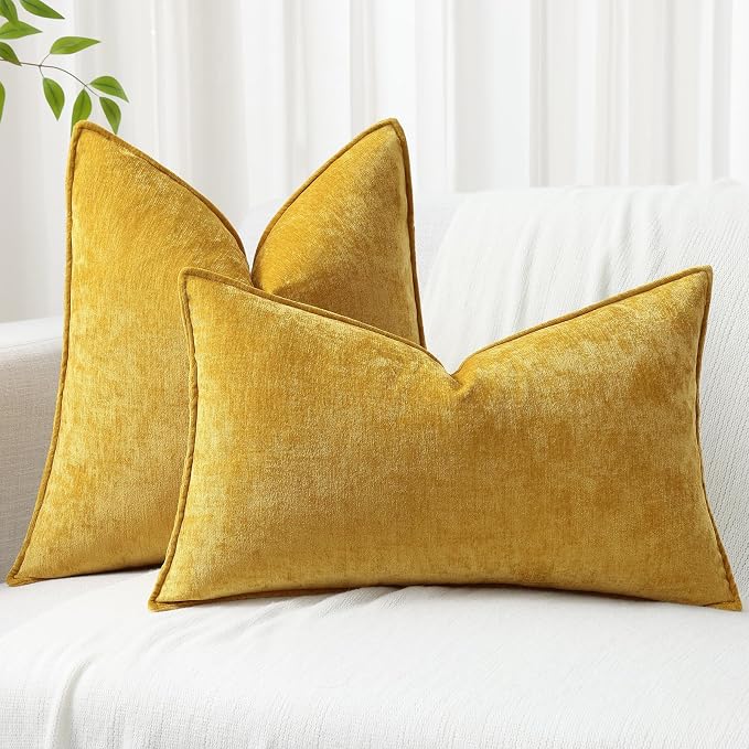 decorUhome Chenille Mineral Yellow Throw Pillow Covers 22x22 Set of 2 | Fall Soft Euro Sham Couch Decorative Modern Velvet Pillow Cases with Elegant Design for Sofa Bed Living Room Home Decor