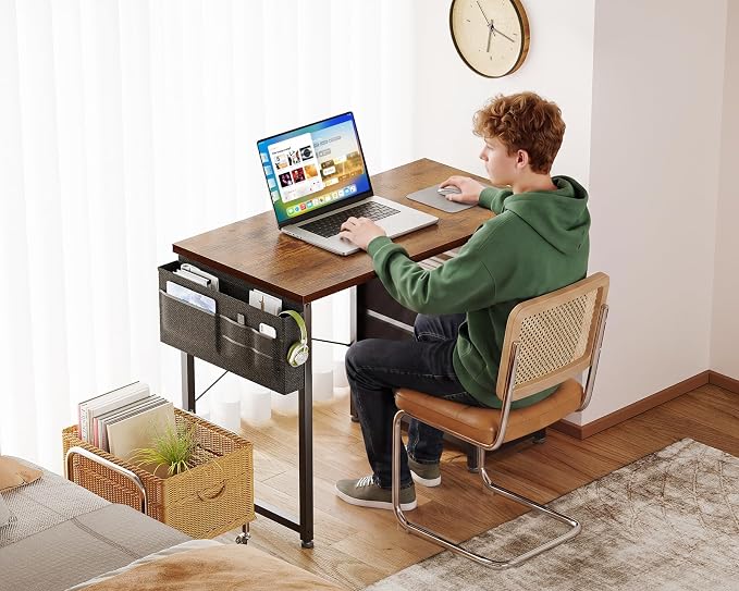 AODK 32 Inch Small Computer Desk with Fabric Drawers, Vintage | Mini Desk with Storage Shelf & Bag, Kids Study Desk for Bedroom, Home Office Desk for Small Space