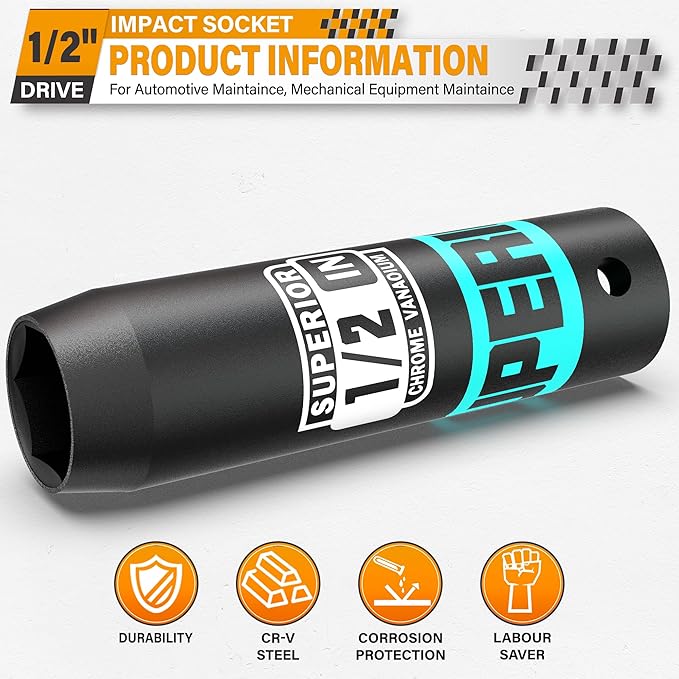 1/2" Drive Impact Socket, 1/2 inch Deep Socket, SAE, 6 Point, CR-V, for Car Repair, Loosen the Fastening Nut