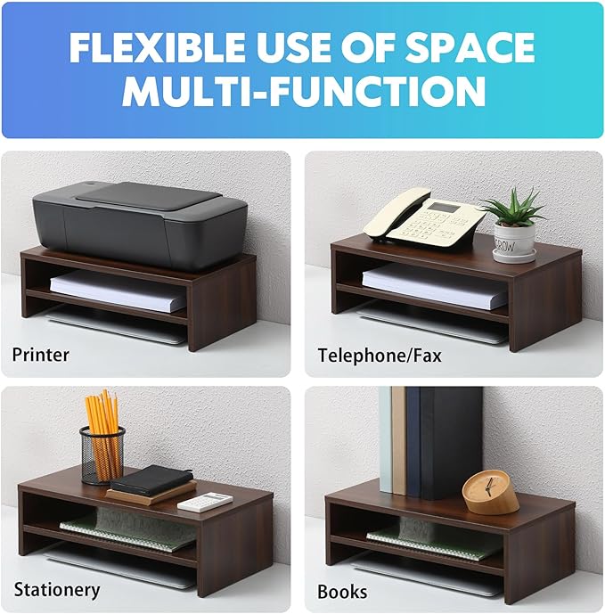 FITUEYES Monitor Stand - 2 Tier Computer Monitor Riser Shelf, Wood Desktop Stand for Laptop Computer Screen, Desk Organization, Office Supplies