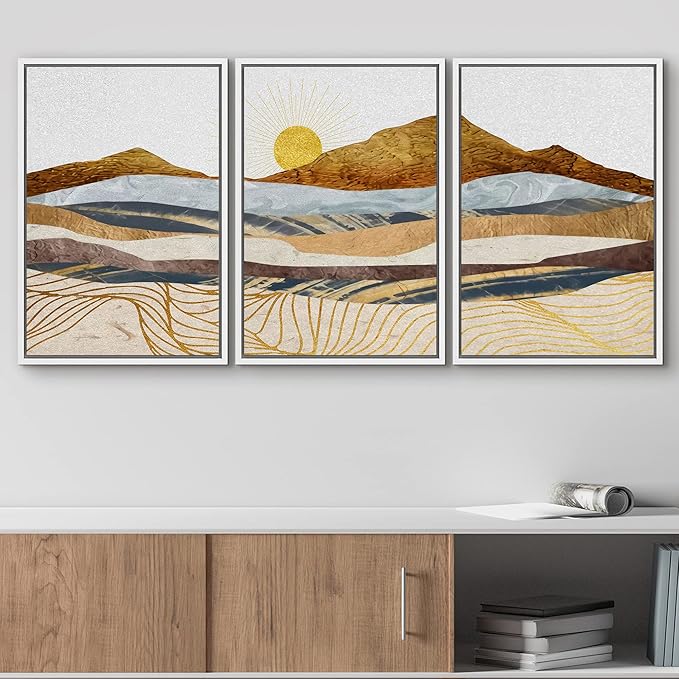 wall26 Framed Canvas Print Wall Art Set Gold Wave Geometric Mountain Range Nature Wilderness Illustrations Modern Art Decorative Landscape Zen for Living Room, Bedroom, Office - 16"x24"x3 White