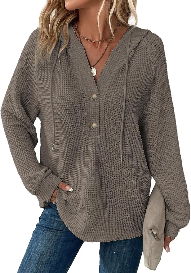 Dokotoo Hoodies for Women Waffle Knit Long Sleeve Drawstring Button V Neck Casual Sweatshirt Hooded Tops Fashion Clothing