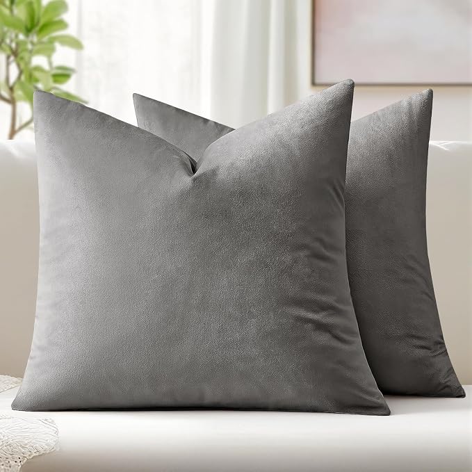 MIULEE 26x26 Inch Pack of 2 Euro Velvet Throw Pillow Covers Grey | Soft Solid Decorative Euro Sham, Modern Luxury Home Decor, for King Bed Sofa Couch Bedroom Livingroom