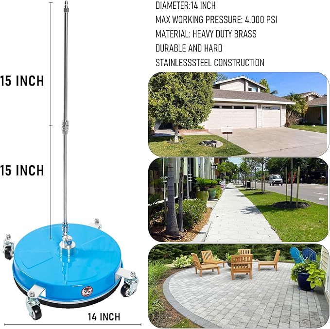 14" Pressure Washer Surface Cleaner with 4 Wheels, Coated Blue Stainless Steel Power Washer Surface Cleaner for Driveway Sidewalk Patio, 1/4" Quick Connector, 2 Extension Wand, 4000 PSI