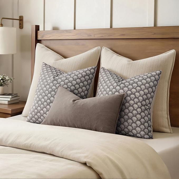 MIULEE Floral Print Decorative Pillow Covers 18x18, Stone Grey | Vintage Boho Farmhouse Modern Home Decor, Set of 2, Block Print Cushion Covers for Couch Sofa Bed Living Room