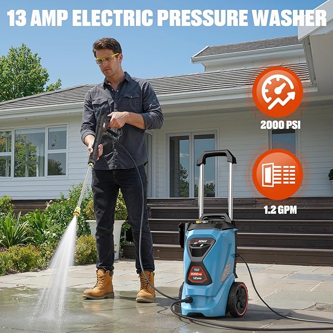 SENIX 2000 PSI Electric Pressure Washer, 1.2 GPM Compact Power Cleaner w/ 4 Nozzles, 25ft Hose & 35ft Cord. Portable High-Pressure Sprayer for Cars, Driveways, Patios, Decks & Home Outdoor Use