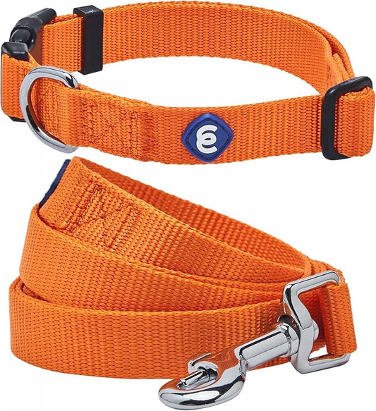 Blueberry Pet Essentials Matching Dog Collar and Leash Set in Orange Vermilion, Adjustable Classic Solid Color Nylon Collar with 5 ft Leash for Medium Dogs