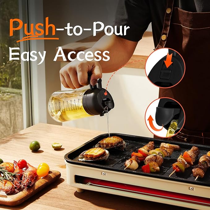 TrendPlain 16oz/470ml Glass Olive Oil Sprayer for Cooking – 2 in 1 Olive Oil Dispenser Bottle for Kitchen Gadgets and Air Fryer Accessories, Salad, BBQ - Black & White
