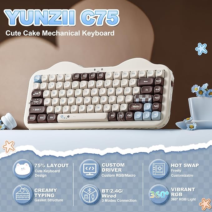 YUNZII C75 Cute 75% Wireless Mechanical Keyboard (Choco, Milk V2 Switch) | Creamy Cake Keyboard, BT5.0/2.4G/USB-C, Hot-Swap, NKRO, PBT MOA Keycaps,5500mAh RGB Gasket Mount for Mac/Win/Gaming/Office