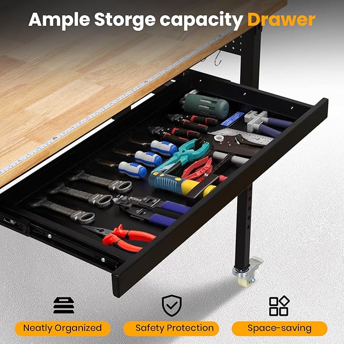 60" Adjustable Workbench with Drawer, 2000 LBS Heavy Duty Work Bench with Power Outlet and Fixed Legs, Sturdy Steel Frame with Rubber Wood Top, Work Table for Garage, Office, Home, Commercial