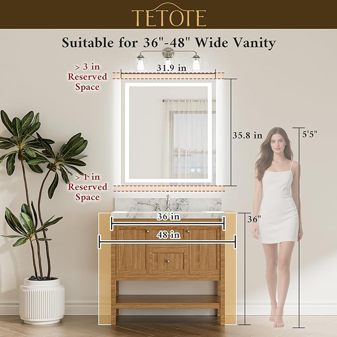 TETOTE LED Bathroom Mirror with Brighter Lights 32 x 36 LED Lighted Vanity Mirror with Frontlit and Backlit, 3-Color Dimmable Illuminated Anti Fog Light up Mirror for Bathroom Wall, Tempered Glass