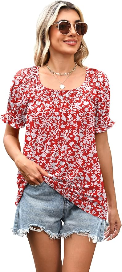 WIHOLL Womens Short Sleeve Square Neck Summer Tops Dressy Casual Blouses Trendy Clothes 2026