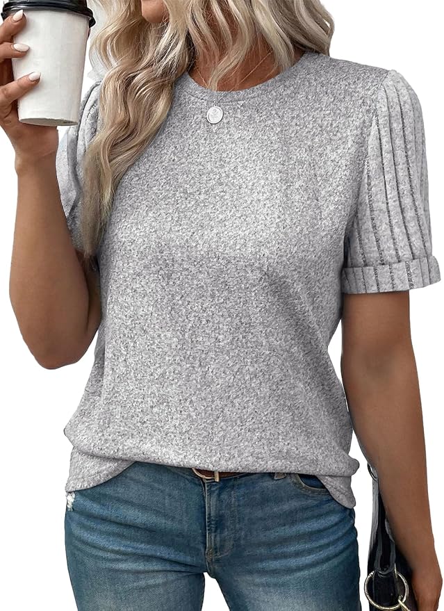 SHEWIN Women's Short Sleeve Summer Tops Crewneck Knit Solid Loose Casual Basic T Shirts Tee Blouses