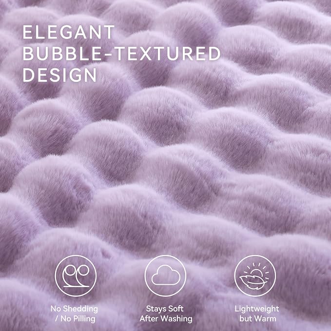 Faux Fur Throw for Couch - Light Purple Bubble Blanket 60"x80" | Fluffy Plush Fuzzy Throw for Sofa & Bed, Super Soft Cozy Comfrt Blanket, Luxury Aesthetic Purple Decor Gift for Women