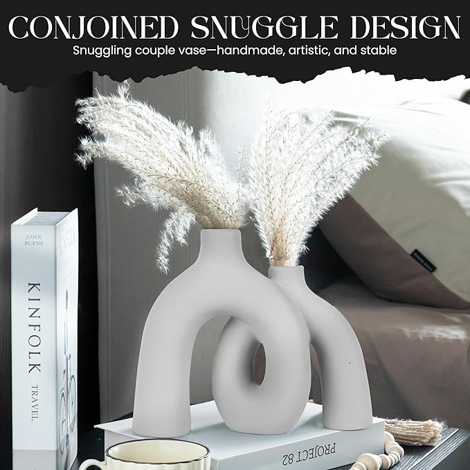 Ceramic Hug Vase (Soft Gray) Modern Donut Style Hugging Vases for Flowers Minimalist Decor – Hollow Ceramic Waterproof Home Decor Vases for Living Room, Bed Room, Book Shelf, Entryway Table.