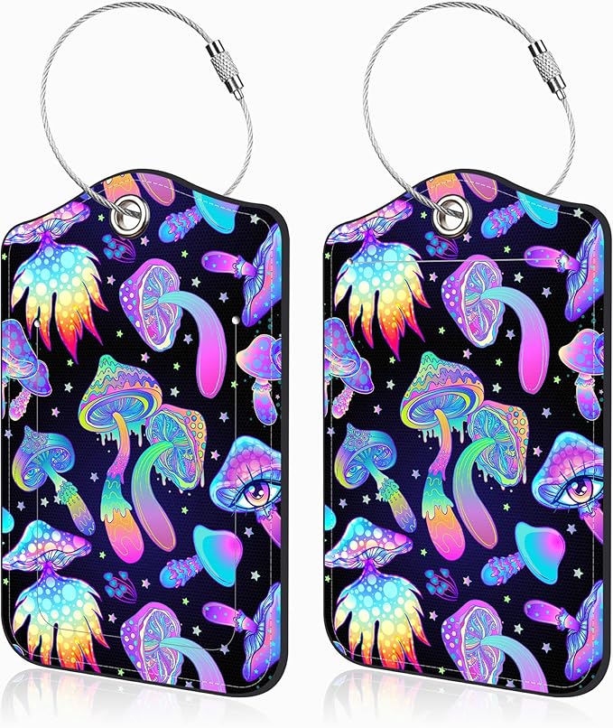 Colorful Mushrooms Set of 2 Luggage Tags for Suitcases Leather Suitcase Tags Identifiers with Privacy Name Address Label and Stainless Steel Loop for Women Men Travel Luggage Accessories