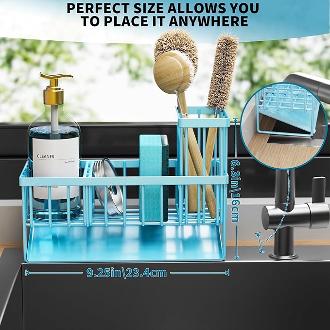Cisily Blue Kitchen Sink Caddy Organzier with High Brush Holder, Sponge Holder for Sink, 304 Rustproof Stainless, Kitchen Countertop Soap Dispenser Organizer, Blue Home Decor and Accessories