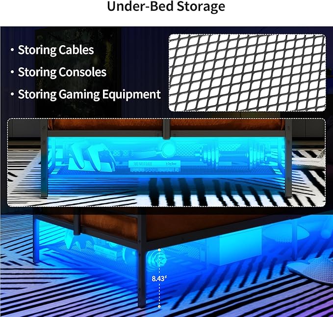Twin Size Gaming Bed Frame With Storage Headboard,Black Metal Twin Bed Frame With LED Light Rotating TV Mount Charging Station,Stocking Stuffers for Teen Boys,College Dorm Room Essential,Heavy Duty