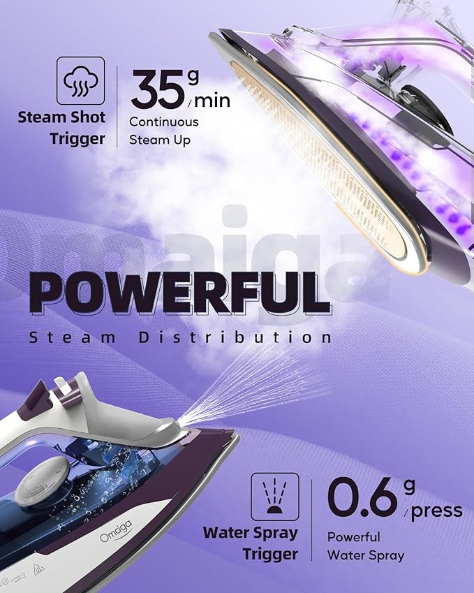 Steam Iron for Clothes - 1750W Iron with Upgrade Double-Layer Ceramic Soleplate, Burst of Steam, 3-Way Auto-Off, Self-Cleaning, Anti-Calc, 13.5oz Water Tank Ironing Clothes for Home, Purple