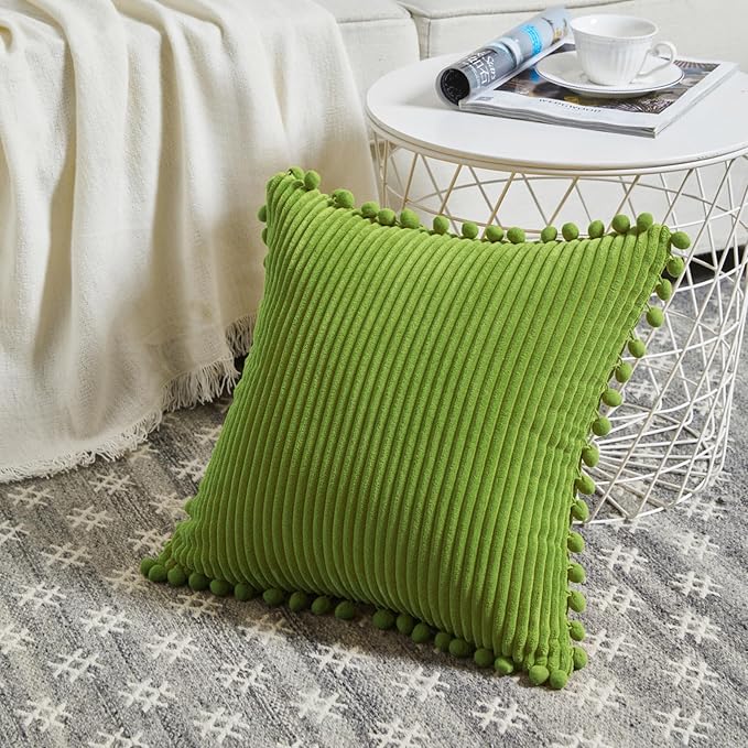 Fancy Homi 2 Packs Lime Green Decorative Throw Pillow Covers 16x16 Inch with Pom poms, Boho Farmhouse Home Decor, Soft Corduroy Accent Square Cushion Case for Living Room Couch Bed Sofa 40x40 cm