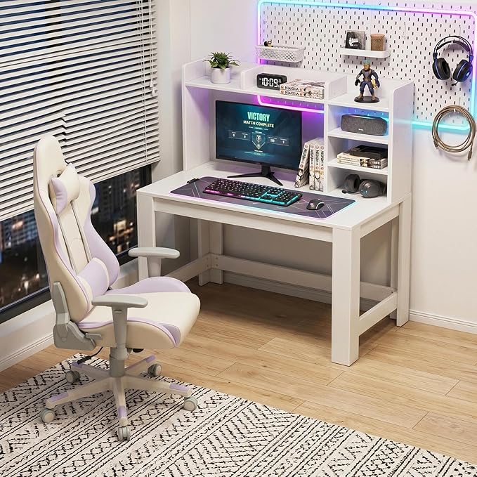 WINAZ White Desk with Hutch and Power Outlet, 43 Inch Small Space Computer Writing Desk with Storage Shelves, Modern Home Office Workstation for Bedroom Dorm