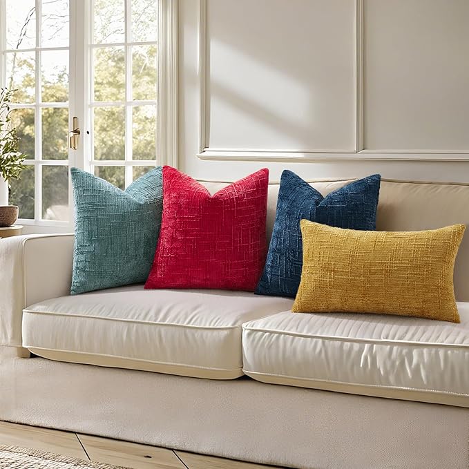 decorUhome Textured Chenille Throw Pillow Covers 16x16 Set of 2 Red | Fall Modern Farmhouse Soft Cozy Slubby Couch Pillow Cases Boho Decorative Pillow Cases for Bed Sofa Living Room Home Decor