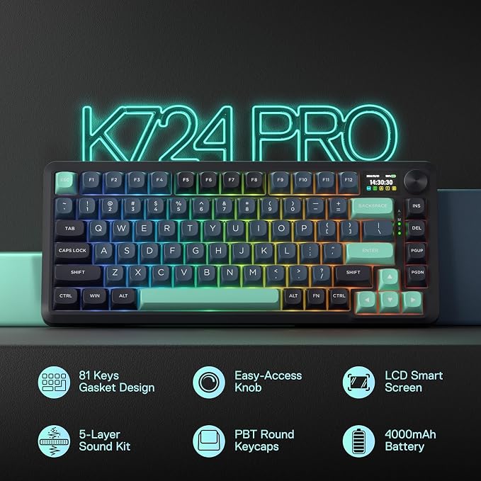 Redragon K724 PRO Wireless 81-Key Gasket Gaming Keyboard, TFT Screen & Knob | Easy-Control LED Info Display, 0-Delay Tri-Mode, Cushioned 5-Layer Noise Dampening for Creamy Thocky Sound, Compact 80% Size