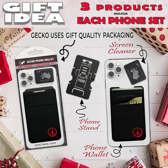 Gecko Travel Tech Double Pocket - Adhesive Card Holder - Cell Phone Pouch - Stick on Spandex Pocket - Carry Credit Cards and Cash (Peace)