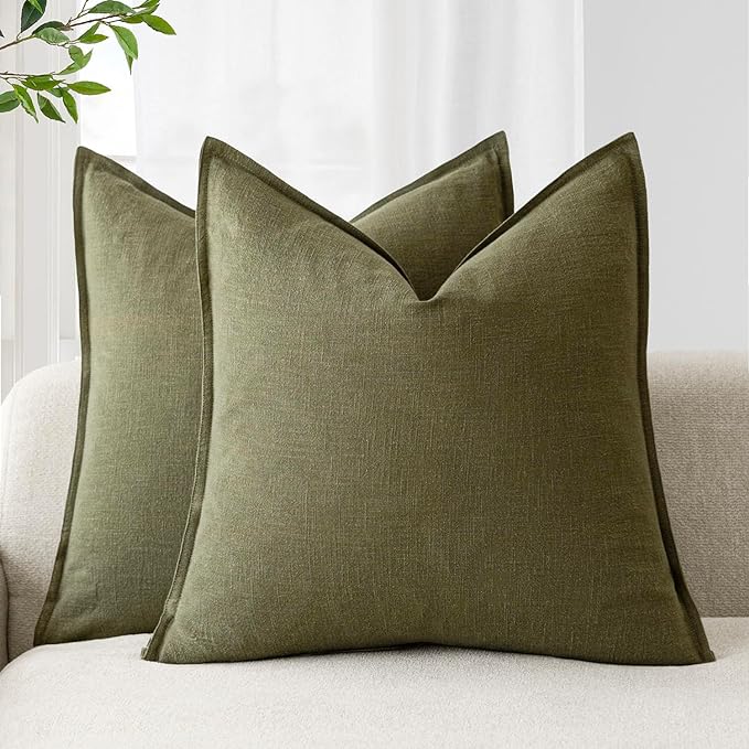 Foindtower Pack of 2, Decorative Linen Solid Throw Pillow Covers Soft Accent Cushion Case Boho Farmhouse Pillowcase for Chair Couch Sofa Bedroom Living Room Home Decor 22 x 22 Inch Olive Green
