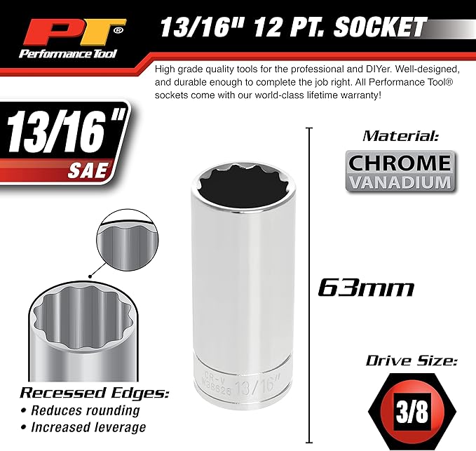 Performance Tool W38626 12-Point Socket, 3/8-Inch Drive, 13/16