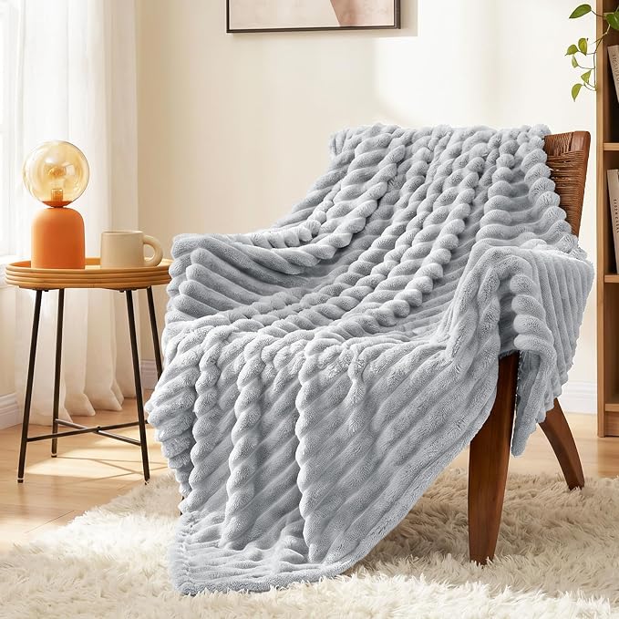 Light Gray Throw Blanket for Couch & Bed, 50 x 60 Inch | 300GSM Ribbed Fleece Blanket, Soft, Cozy & Lightweight, OEKO-TEX Certified, All-Season Use for Travel, Dorm & Home Decor
