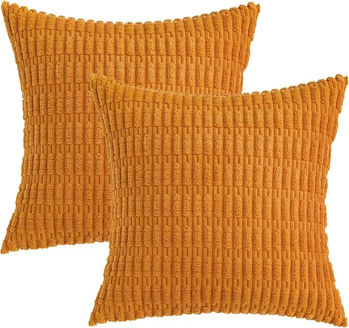 MIULEE Fall Pack of 2 Burnt Orange Corduroy Decorative Pillow Covers 18x18 Inch Soft Boho Striped Throw Pillow Covers Modern Farmhouse Home Decor for Sofa Living Room Couch Bed
