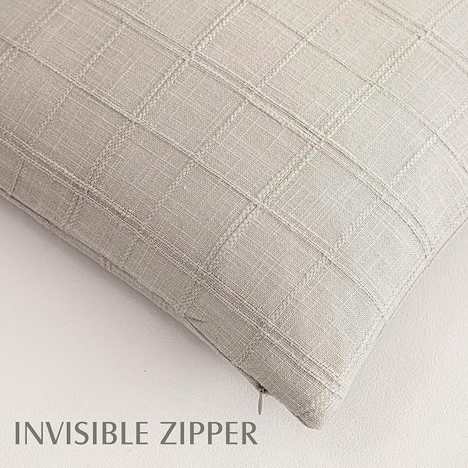 Foindtower Set of 2 Decorative Linen Check Throw Pillow Covers Neutral Farmhouse Lumbar Cushion Covers Modern Coastal Boho Home Decor for Sofa Chair Couch Bedroom Living Room,12×20 Inch,Light Grey