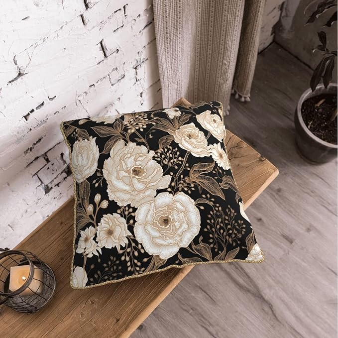 Vintage Peonies Roses Flower Velvet Pillow Covers 20x20 Inch Gold White Aesthetic Floral Leaves Throw Pillows For Couch Cushion Covers Pillowcase Farmhouse Pillow Cases for Sofa Bed Living Room