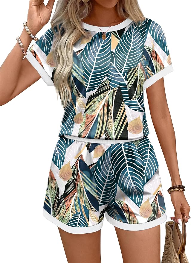 WIHOLL Two Piece Sets for Women Summer Lounge Short Sets Cap Sleeve Crew Neck Sweatsuit with Pocket XS-2XL