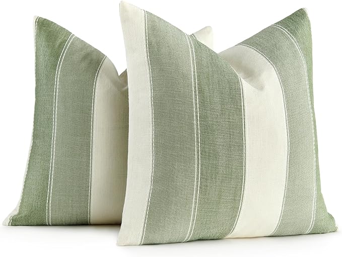 Pack of 2 Farmhouse Stripe Check Throw Pillow Covers Set Case Cotton Linen Decorative Pillowcases Cushion Cover for Couch Bench Sofa 20x20 Inch Sage Green