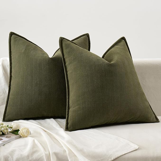 MIULEE Pack of 2 Olive Green Decorative Chenille Pillow Covers 16x16 Inch | Soft Couch Throw Pillows,Farmhouse Cushion Covers with Elegant Design for Sofa,Bedroom,Living Room,Spring Home Decor