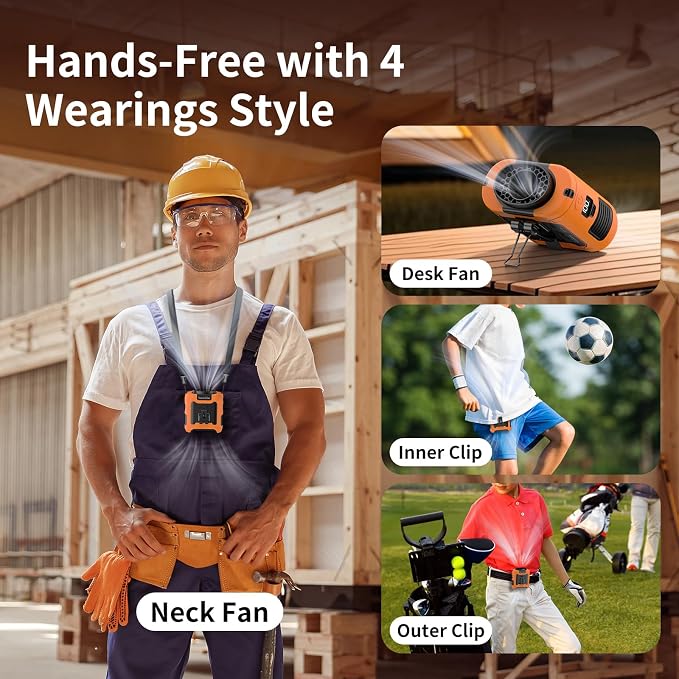 Socool 10000mAh Portable Waist Fan Clip on Wearable Belt Personal Fan Rechargeable Battery Operated with 5 Speeds & Flashlight Neck Hands-Free 40H Cooling for Outdoor Travel Power Bank (Orange)