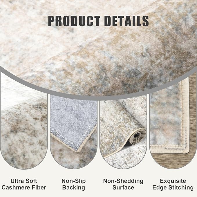 5x5 Area Rug Living Room Rug: Washable Modern Abstract Soft Thin Rug Indoor Floor No Slip Stain Resistant Carpet for Bedroom Dining Room Farmhouse Nursery Home Office - Brown Grey