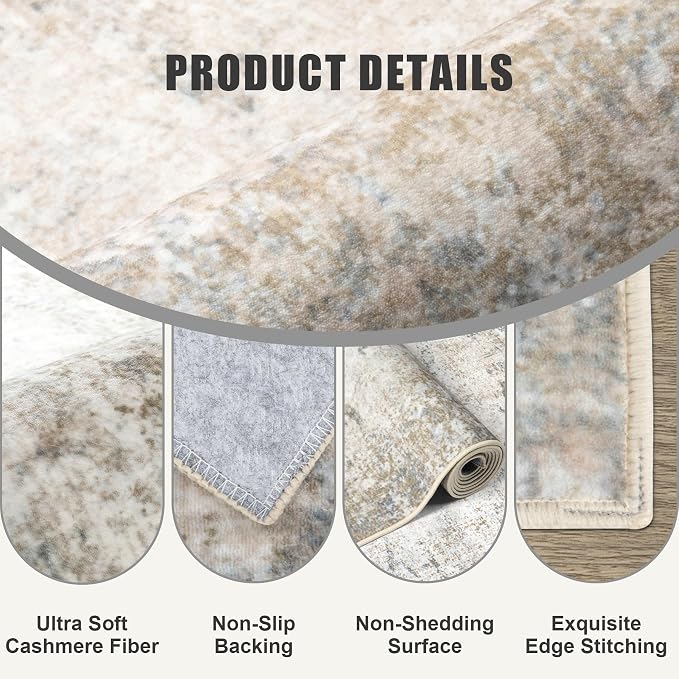6x6 Area Rug Living Room Rug: Washable Modern Abstract Soft Thin Rug Indoor Floor No Slip Stain Resistant Carpet for Bedroom Dining Room Farmhouse Nursery Home Office - Brown Grey