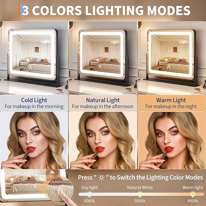 19.6 in x15.7 in Vanity Mirror with Lights, Large Lighted Mirror, LED Makeup Mirror with 3-Color Dimmable Modes and Smart Touch Control, Perfect for Desk or Bedroom, Vanity Desk Tabletop Makeup, White